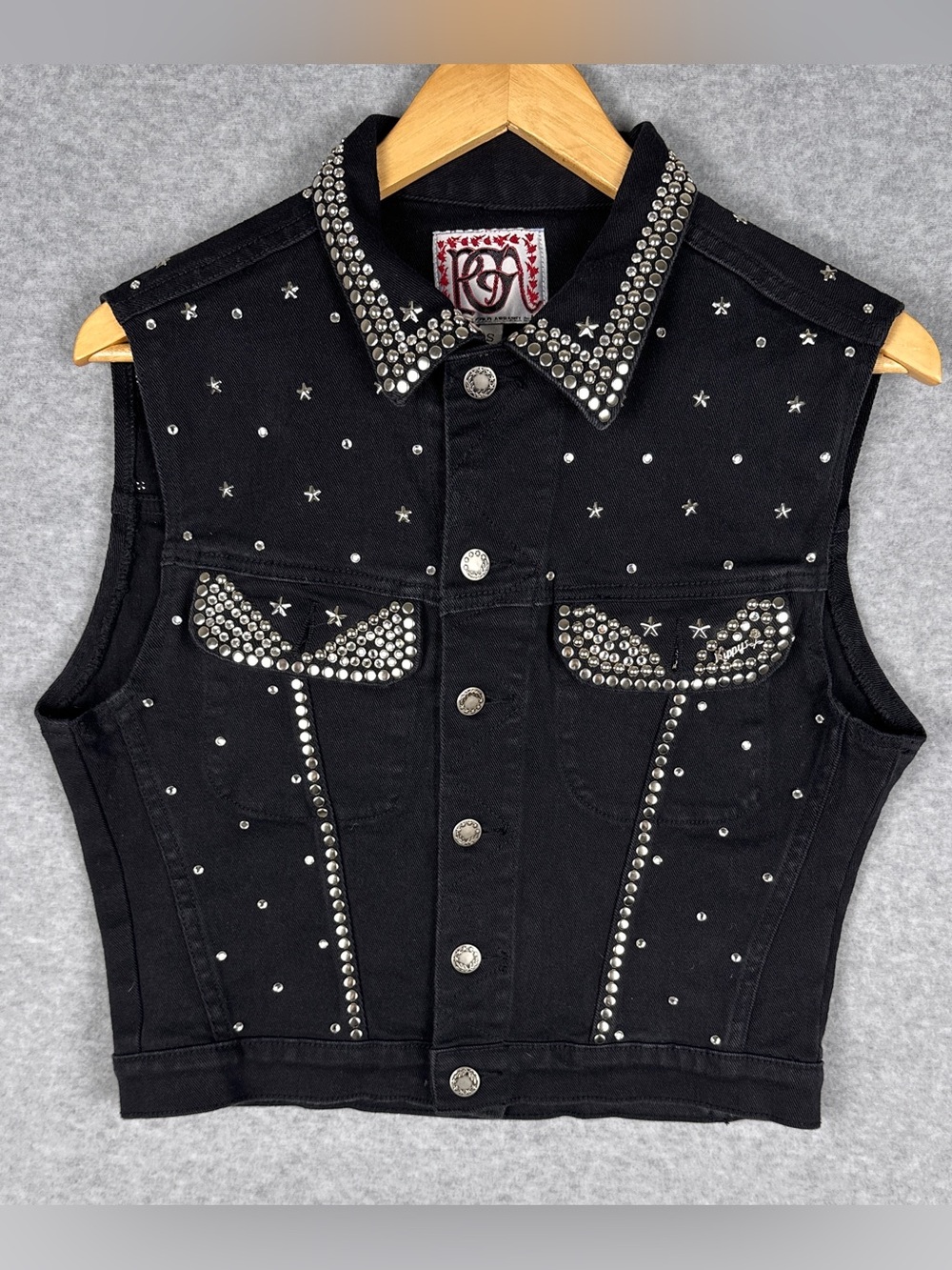 Vintage Pacific Gold Apparel Black Rhinestone Studded Denim Vest S Rare Y2K
